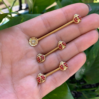 14 Gauge Red Gem Gold Tone Ladybug Flower Industrial Barbell 38mm