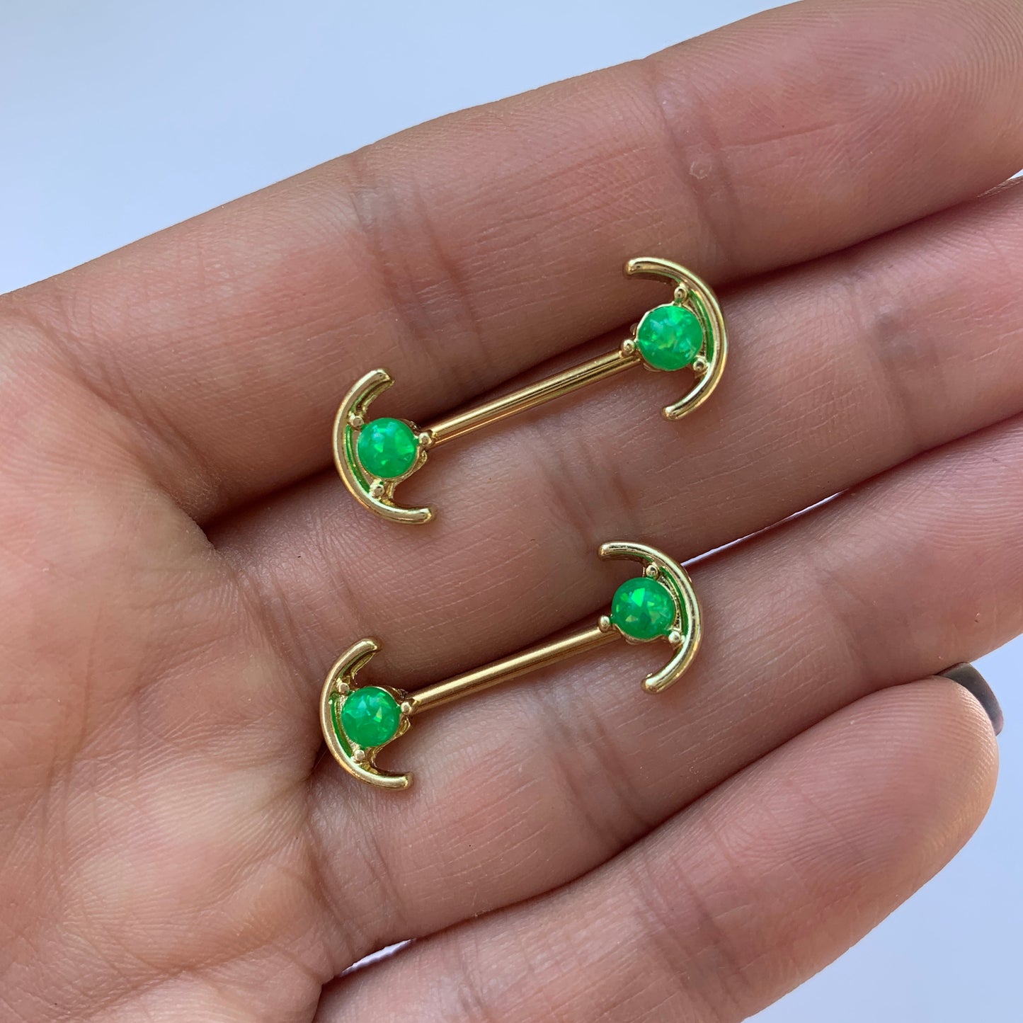 14 Gauge 9/16 Green Faux Opal Gold Tone Curve Barbell Nipple Ring Set