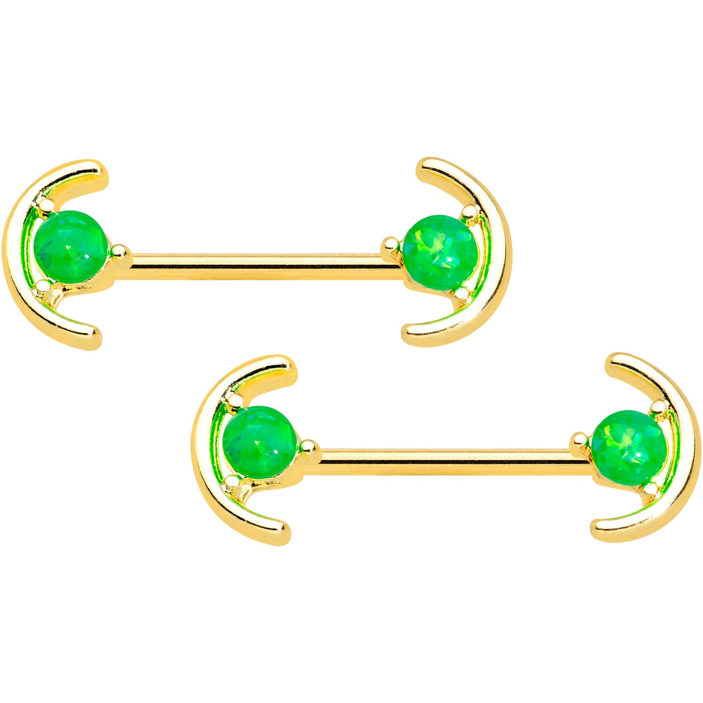 14 Gauge 9/16 Green Faux Opal Gold Tone Curve Barbell Nipple Ring Set