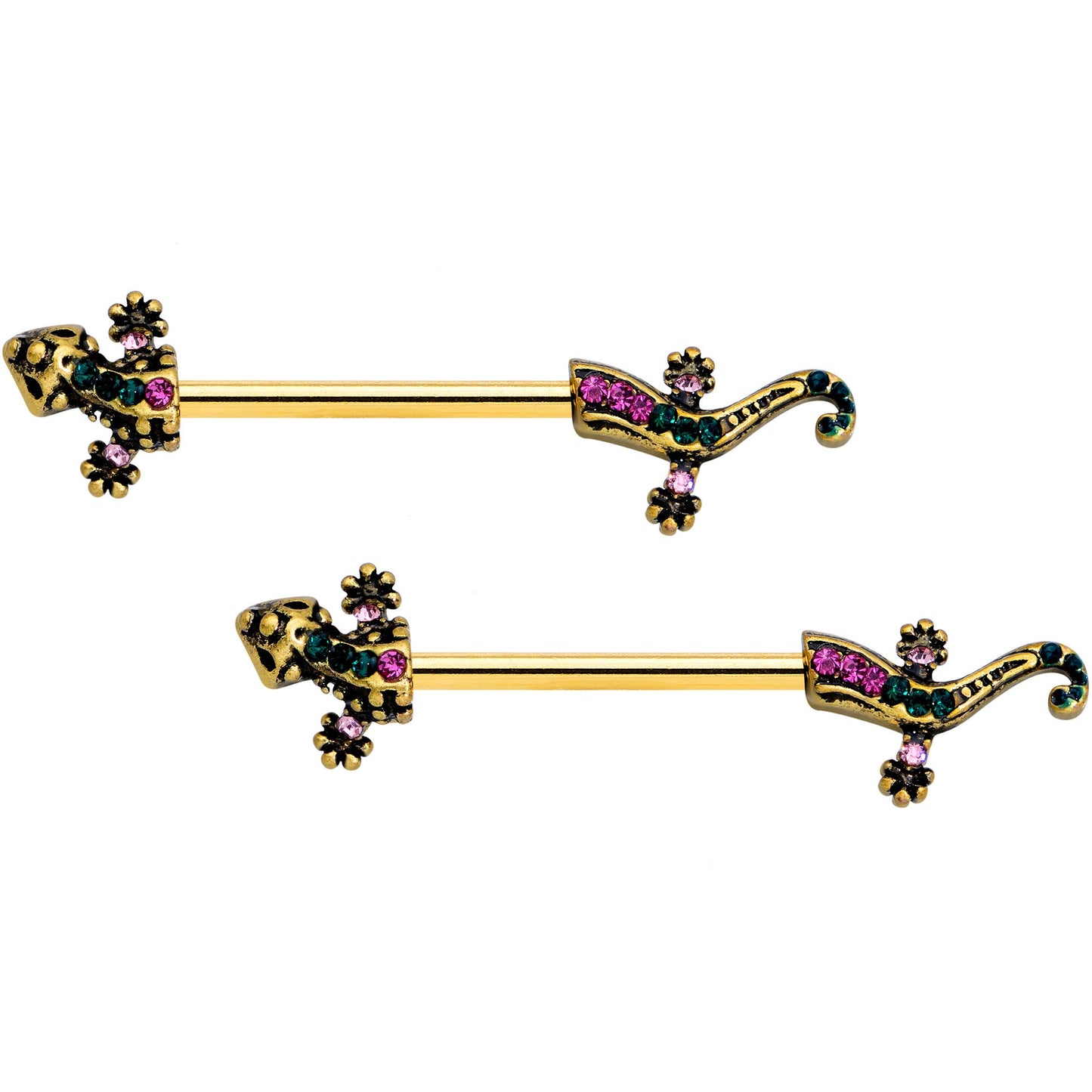 14 Gauge 5/8 Pink Aqua Gem Gold Tone Lizard Barbell Nipple Ring Set