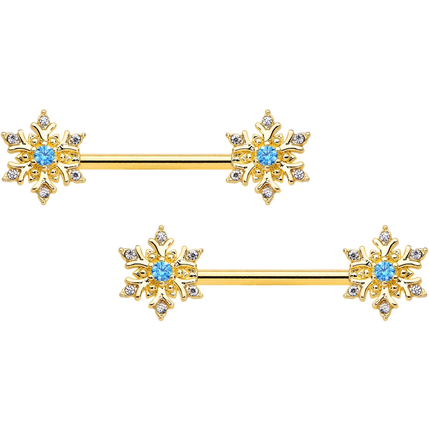 14 Gauge 9/16 Blue CZ Gem Gold Tone Snowflake Barbell Nipple Ring Set