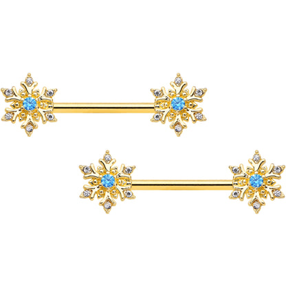 14 Gauge 9/16 Blue CZ Gem Gold Tone Snowflake Barbell Nipple Ring Set