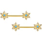 14 Gauge 9/16 Blue CZ Gem Gold Tone Snowflake Barbell Nipple Ring Set