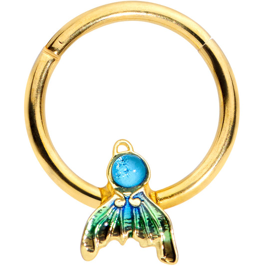 16 Gauge 3/8 Gold Tone Blue Green Mermaid Tail Hinged Segment Ring