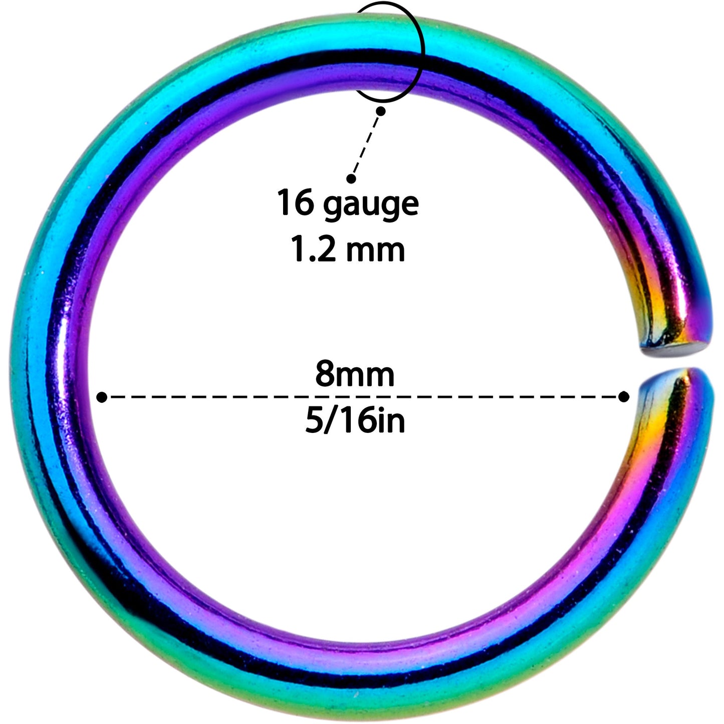 16 Gauge 5/16 Rainbow Anodized Seamless Cartilage Ring Set of 12