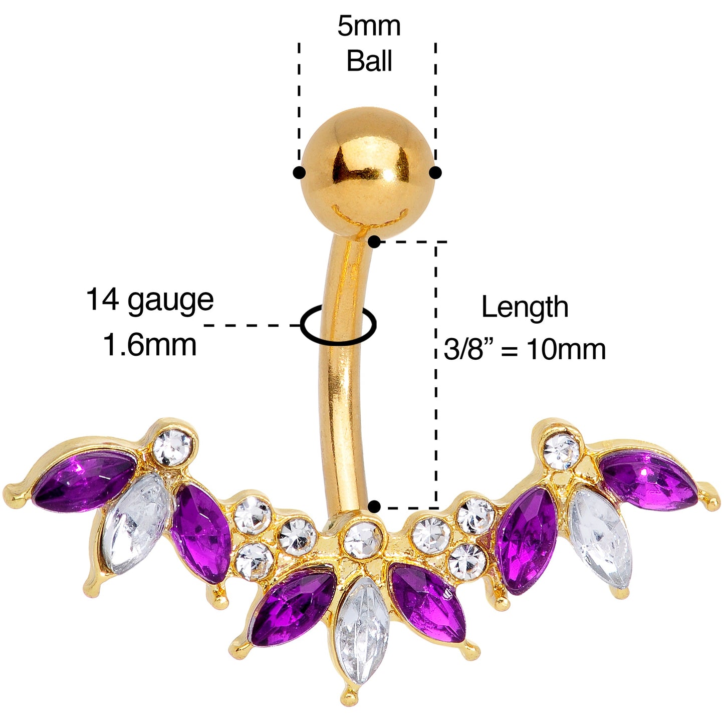 Purple Clear Gem Gold Tone Anodized Comely Clusters Belly Ring