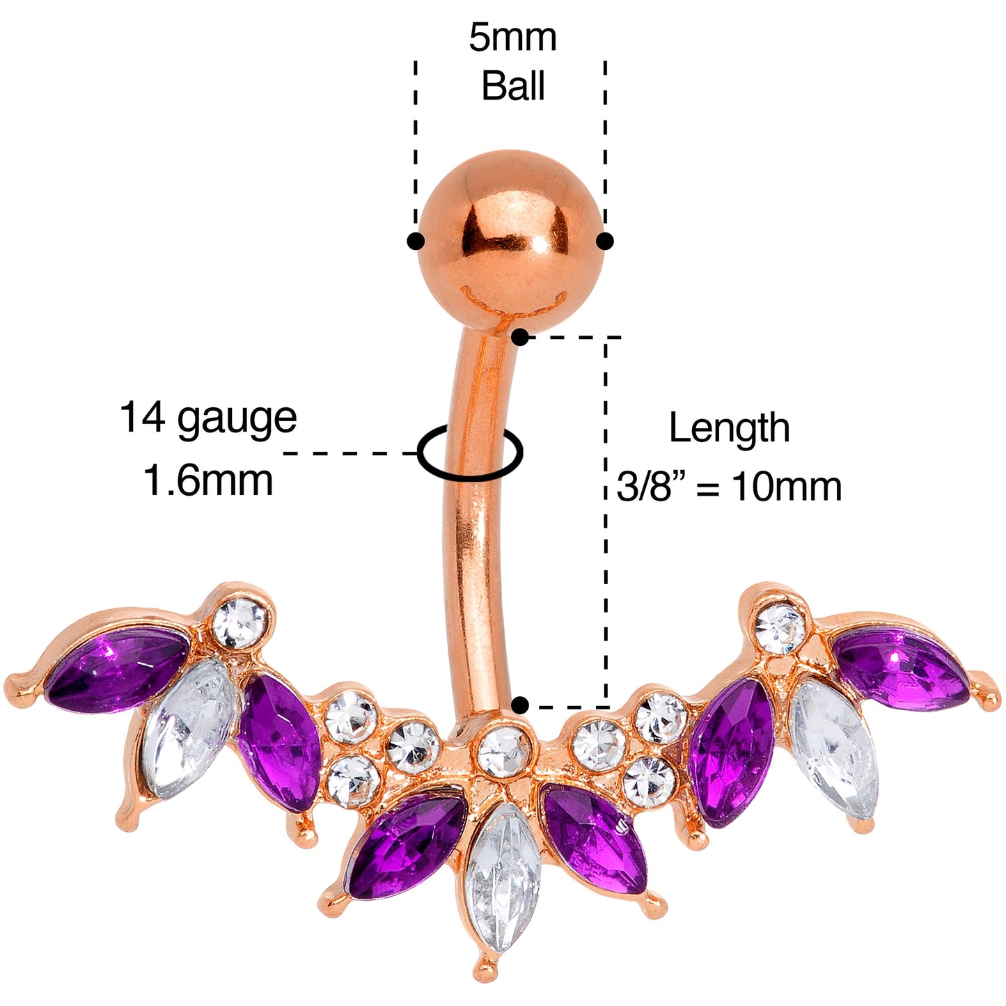 Purple Clear Gem Rose Gold Tone Anodized Comely Clusters Belly Ring