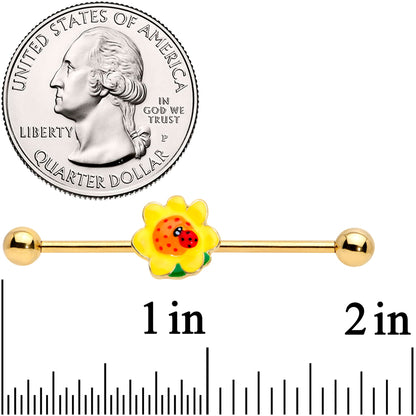 14 Gauge Gold Tone Sunny Flower Ladybug Industrial Barbell 38mm