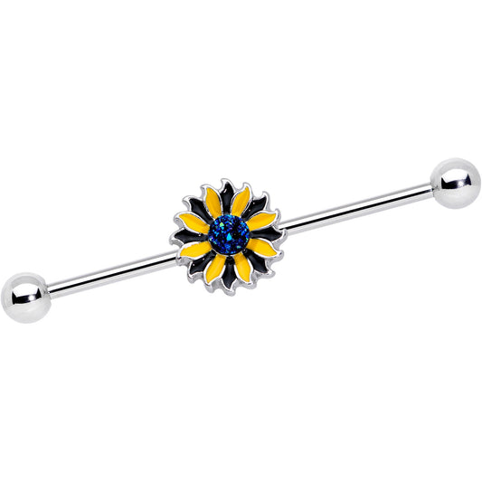 14 Gauge Blue Faux Druzy Yellow Sunflower Industrial Barbell 38mm