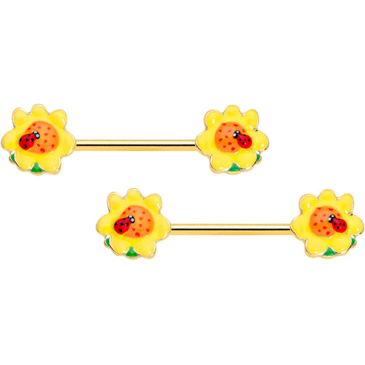 14 Gauge 5/8 Gold Tone Sunny Flower Ladybug Barbell Nipple Ring Set