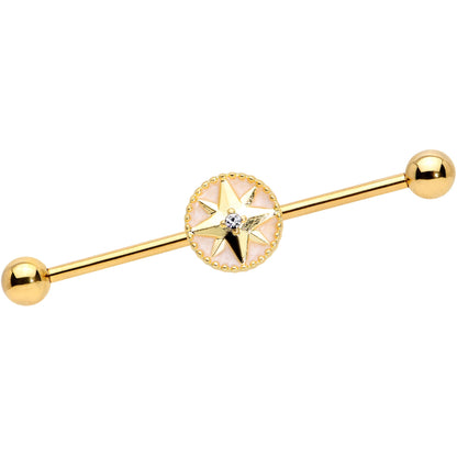 14 Gauge Clear Gem Gold Tone Sailors Compass Industrial Barbell 38mm