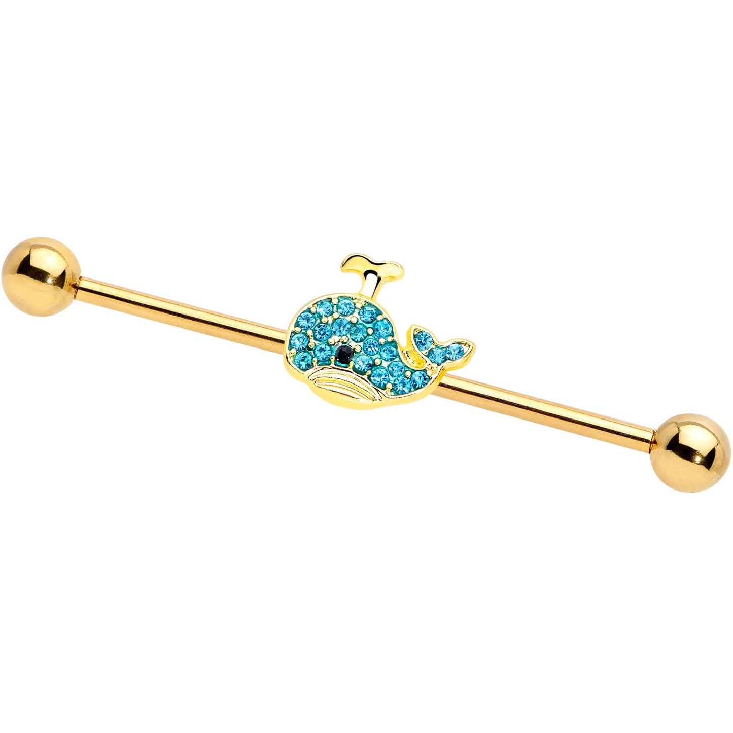 14 Gauge Aqua Gem Gold Tone What A Whale Industrial Barbell 38mm