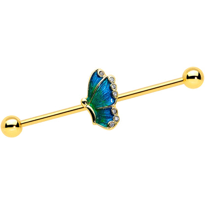 14 Gauge Gold Tone Ombre Blue Butterfly Industrial Barbell 38mm