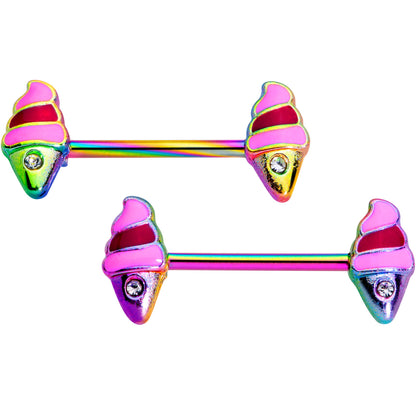 14 Gauge 9/16 Clear Gem Rainbow Ice Cream Cone Barbell Nipple Ring Set