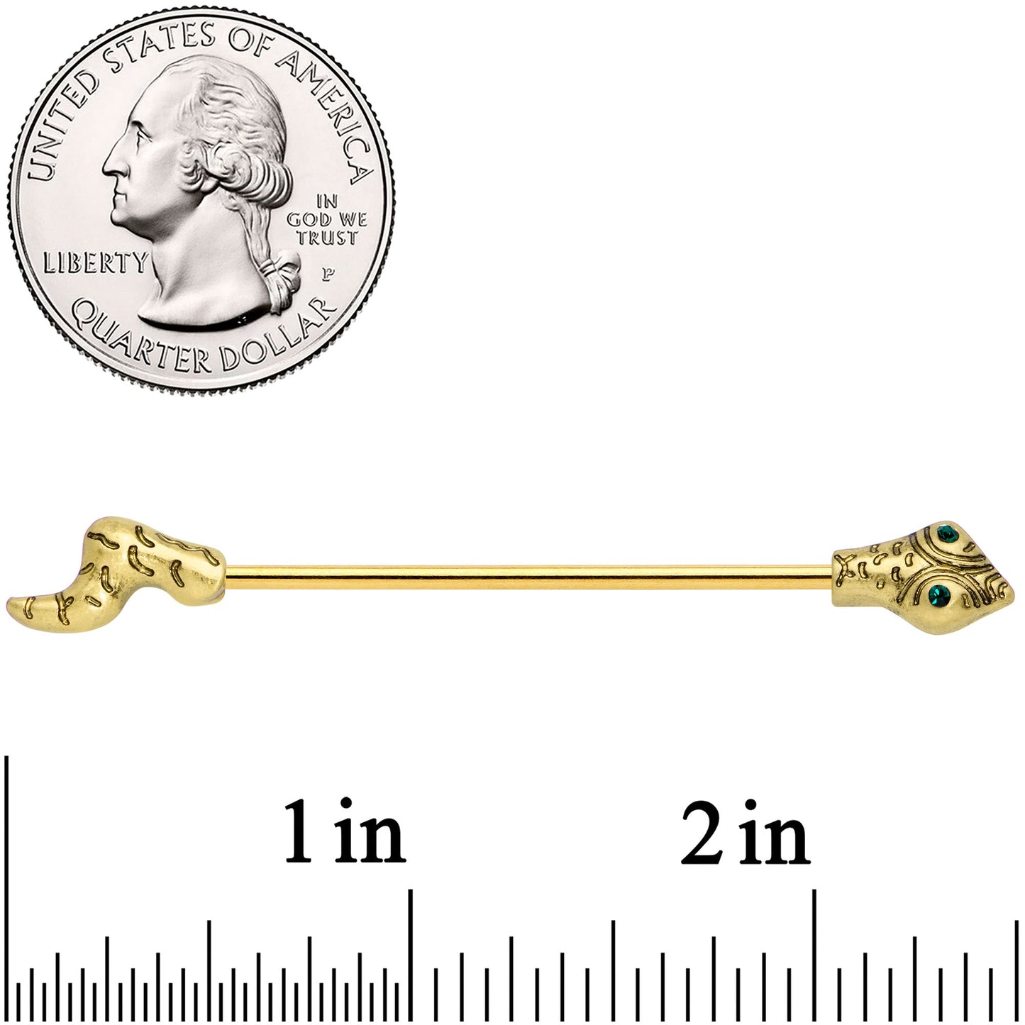 14 Gauge Green Gem Gold Tone Tribal Snake Industrial Barbell 38mm