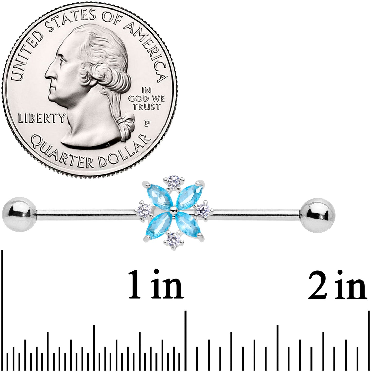 14 Gauge Aqua CZ Gem Star Burst Industrial Barbell 38mm