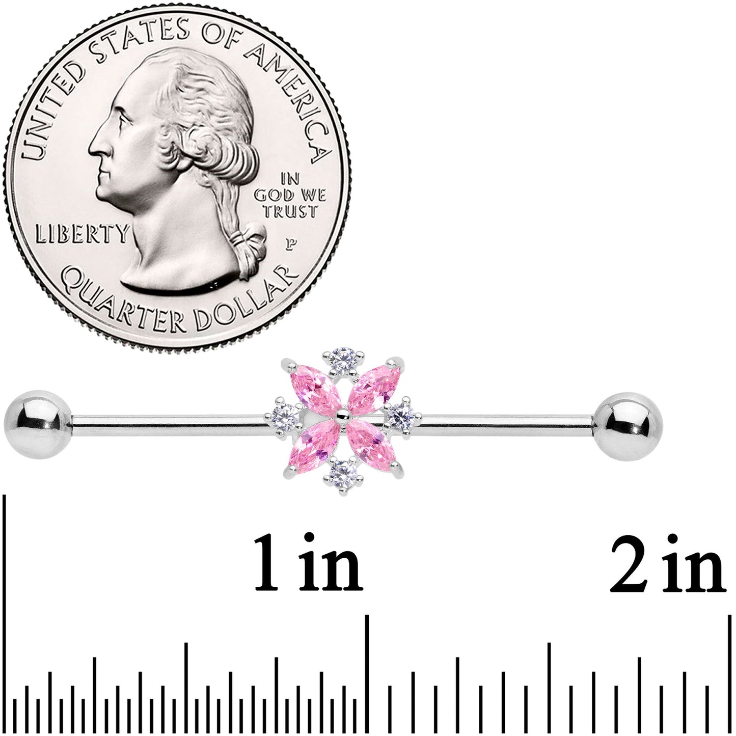 14 Gauge Pink CZ Gem Star Burst Industrial Barbell 38mm