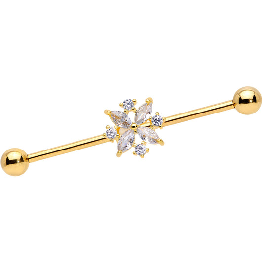 14 Gauge Clear CZ Gem Gold Tone Star Burst Industrial Barbell 38mm