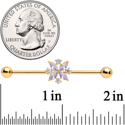 14 Gauge Purple CZ Gem Gold Tone Star Burst Industrial Barbell 38mm