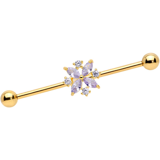 14 Gauge Purple CZ Gem Gold Tone Star Burst Industrial Barbell 38mm