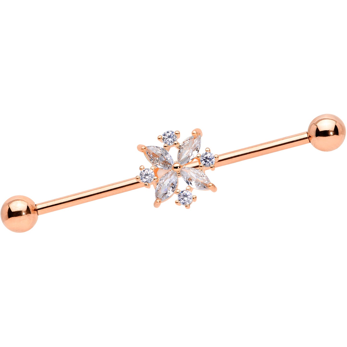 14 Gauge Clear CZ Gem Rose Gold Tone Star Burst Industrial Barbell 38mm