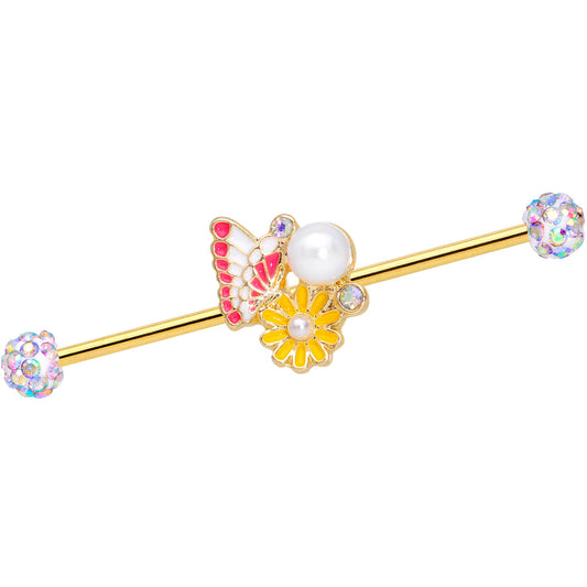 14 Gauge Aurora Gem Gold Tone Butterfly Flower Industrial Barbell 38mm