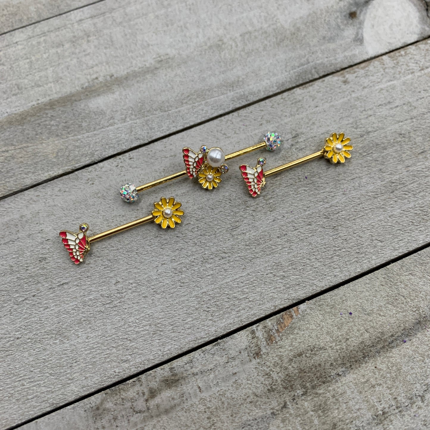 14 Gauge Aurora Gem Gold Tone Butterfly Flower Industrial Barbell 38mm