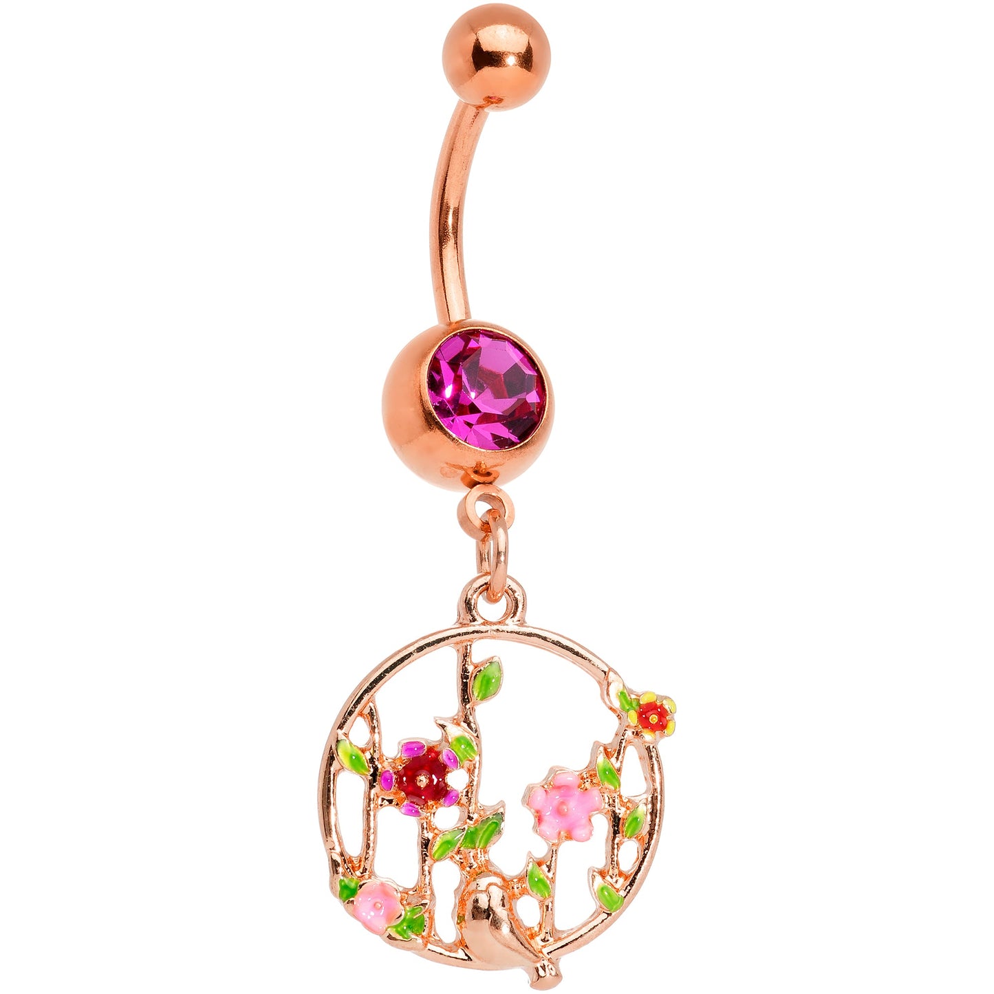 Pink Gem Rose Gold Tone Floral Circle Dangle Belly Ring