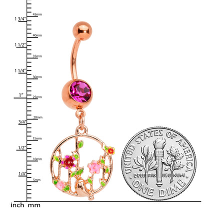 Pink Gem Rose Gold Tone Floral Circle Dangle Belly Ring