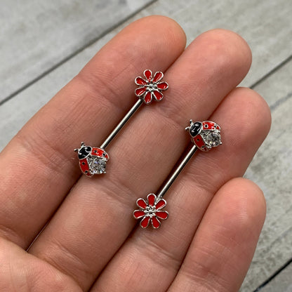 14 Gauge 9/16 Clear Gem Red Ladybug Flower Barbell Nipple Ring Set