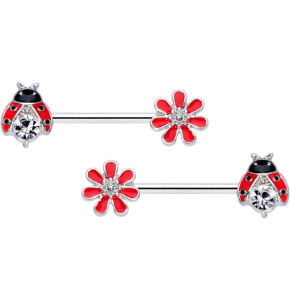 14 Gauge 9/16 Clear Gem Red Ladybug Flower Barbell Nipple Ring Set