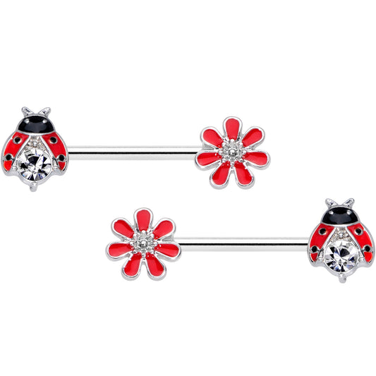 14 Gauge 9/16 Clear Gem Red Ladybug Flower Barbell Nipple Ring Set