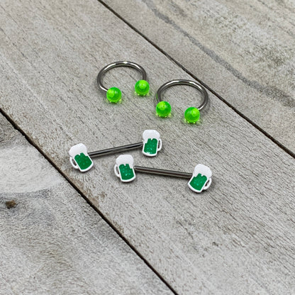 14 Gauge 9/16 Green Beer St Patricks Horseshoe Barbell Nipple Set of 4