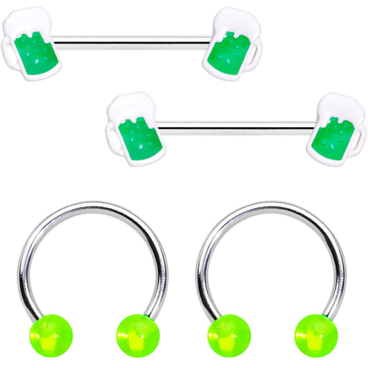 14 Gauge 9/16 Green Beer St Patricks Horseshoe Barbell Nipple Set of 4