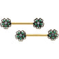 14 Gauge 9/16 Gold Tone Green Flower St Patricks Day Nipple Ring Set