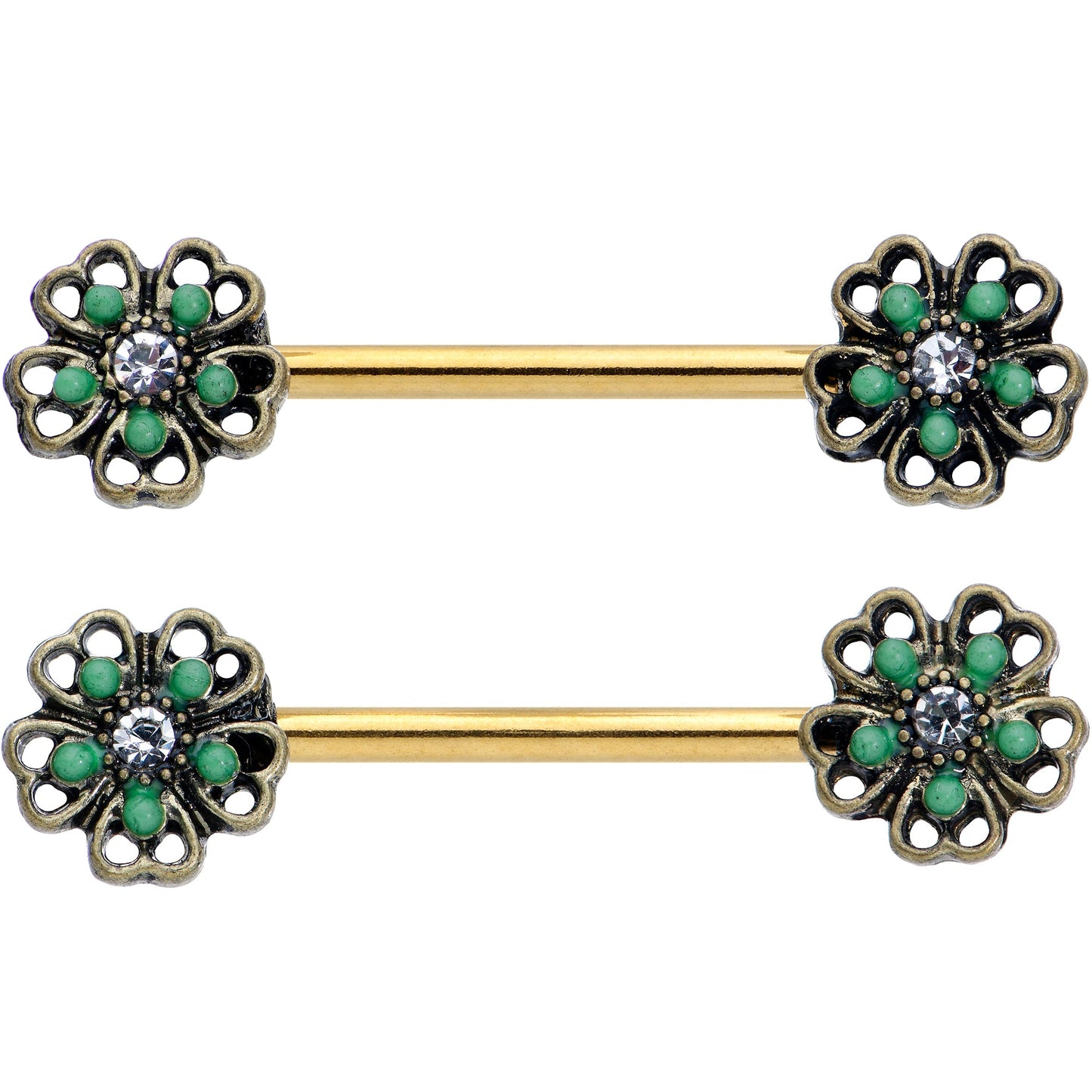 14 Gauge 9/16 Gold Tone Green Flower St Patricks Day Nipple Ring Set