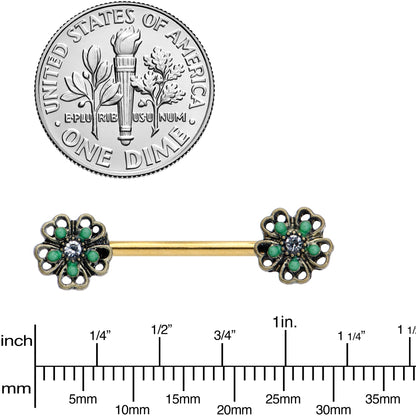 14 Gauge 9/16 Gold Tone Green Flower St Patricks Day Nipple Ring Set