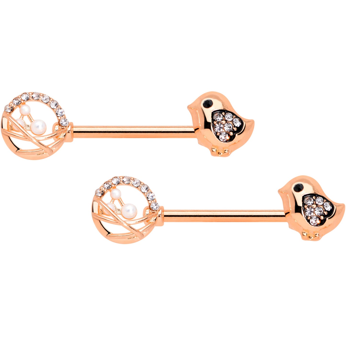 14 Gauge 9/16 Clear Gem Rose Gold Tone Basket Chick Nipple Ring Set