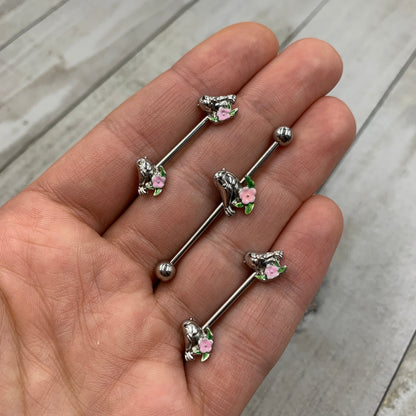 14 Gauge 9/16 Bird Pink Flower Barbell Nipple Ring Set