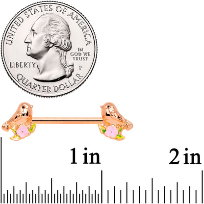 14 Gauge 9/16 Rose Gold Tone Bird Pink Flower Barbell Nipple Ring Set