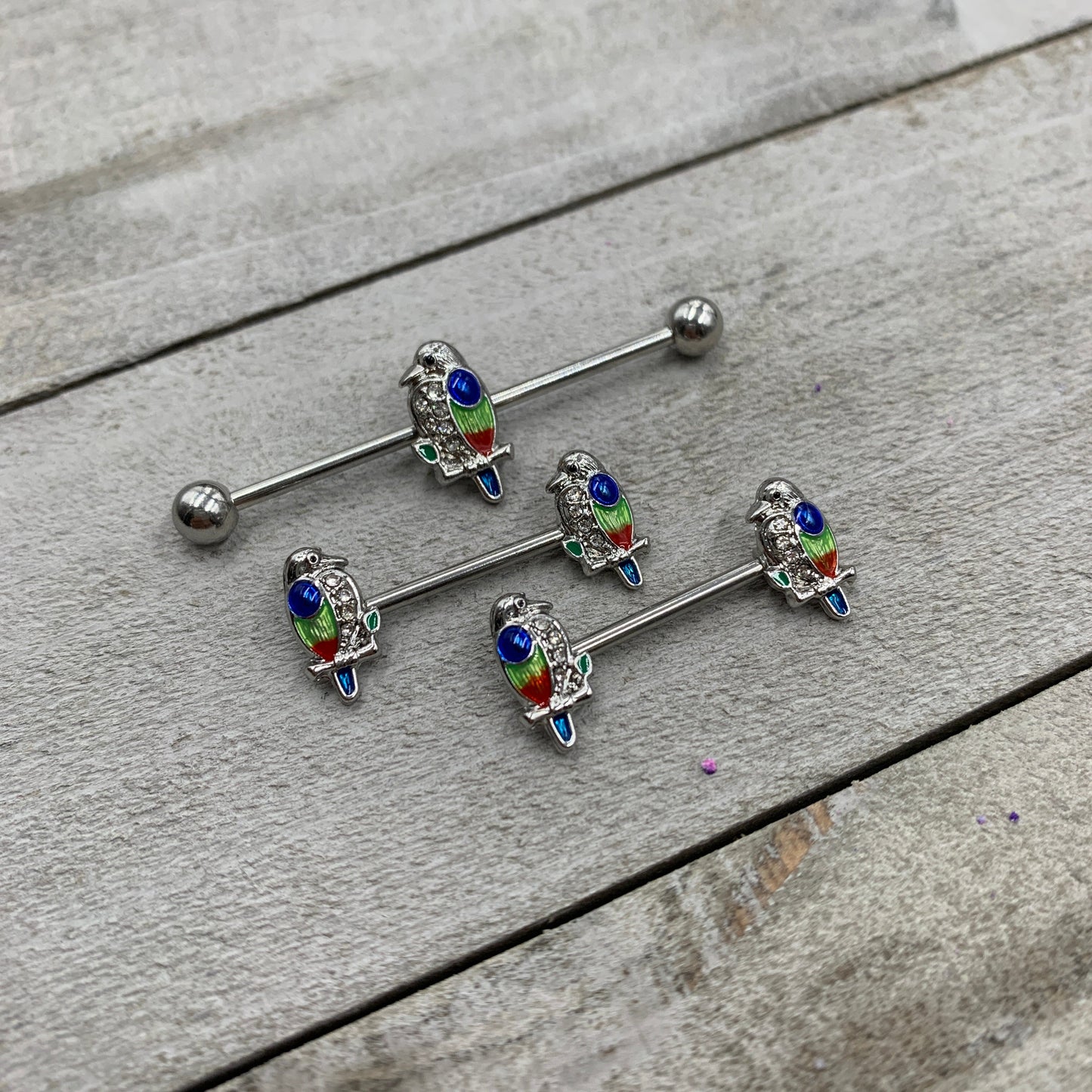 14 Gauge 9/16 Clear Gem Tropical Parrot Bird Barbell Nipple Ring Set