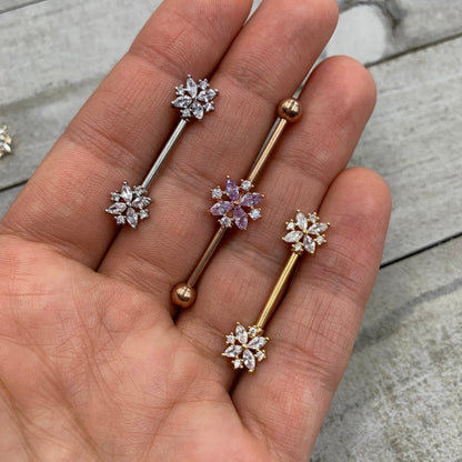 14 Gauge Clear CZ Gem Rose Gold Tone Star Burst Industrial Barbell 38mm