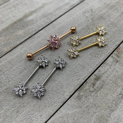 14 Gauge Clear CZ Gem Rose Gold Tone Star Burst Industrial Barbell 38mm