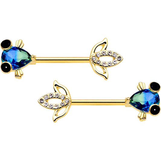 14 Gauge 9/16 Aqua Gem Gold Tone Fish Barbell Nipple Ring Set