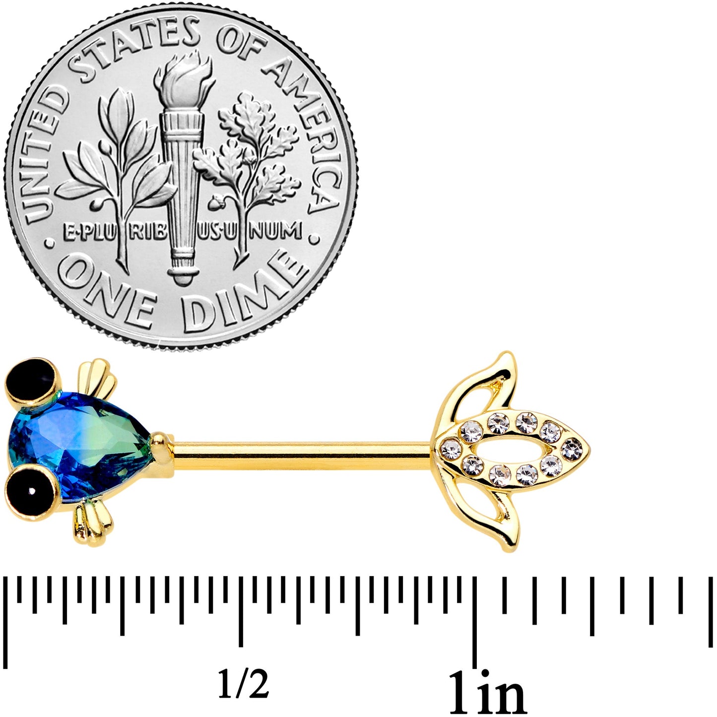 14 Gauge 9/16 Aqua Gem Gold Tone Fish Barbell Nipple Ring Set