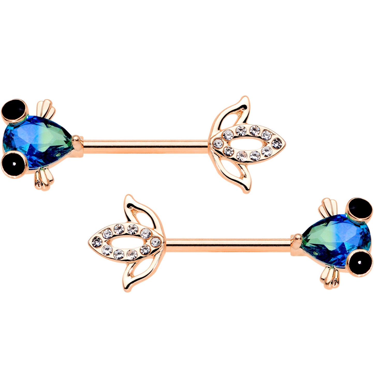 14 Gauge 9/16 Aqua Gem Rose Gold Tone Fish Barbell Nipple Ring Set