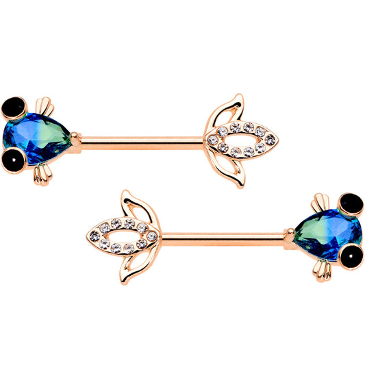 14 Gauge 9/16 Aqua Gem Rose Gold Tone Fish Barbell Nipple Ring Set