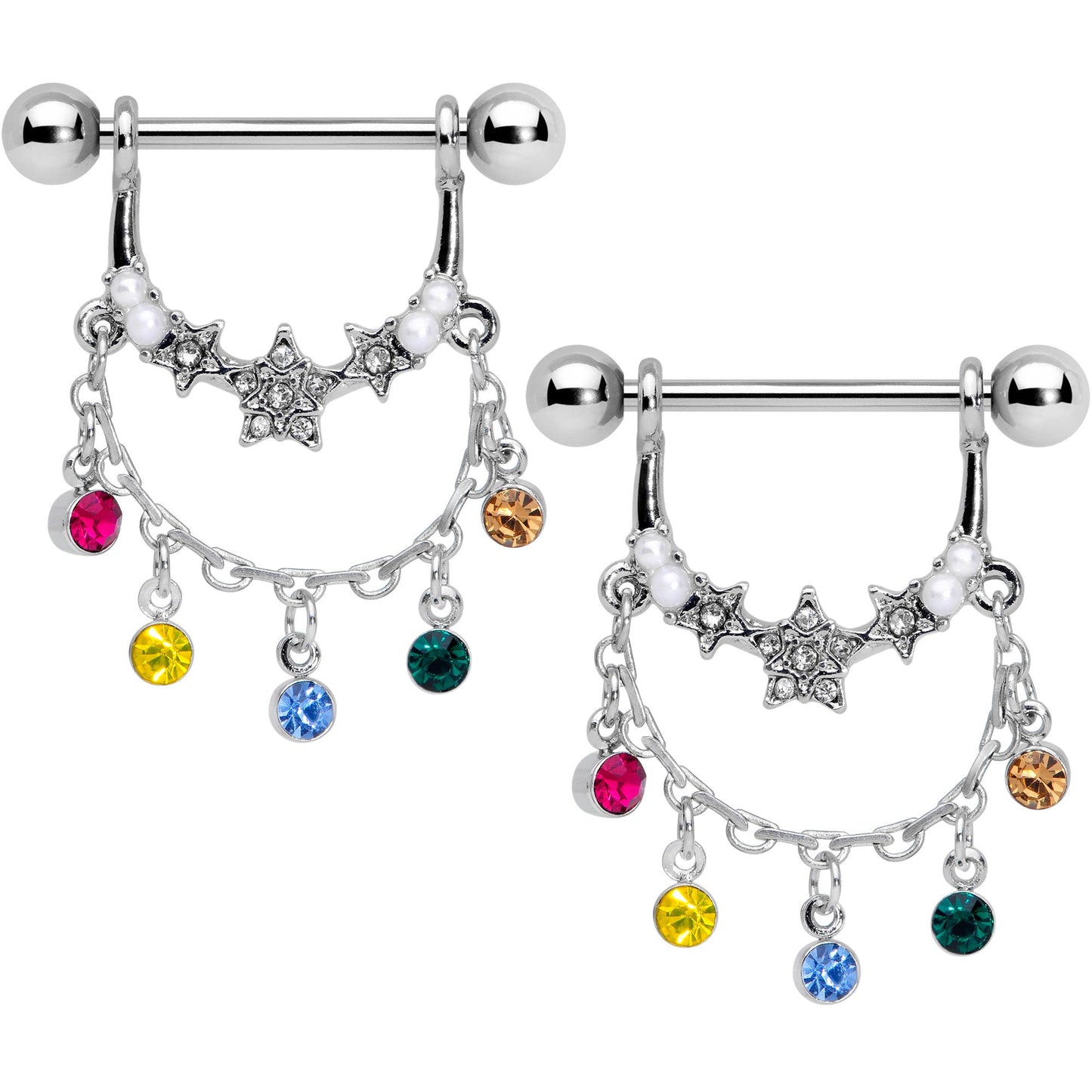 14 Gauge 9/16 Multicolor Gem Star Dangle Nipple Ring Set