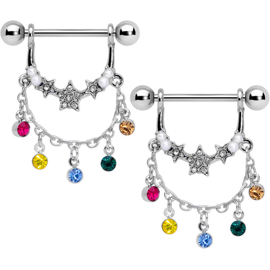 14 Gauge 9/16 Multicolor Gem Star Dangle Nipple Ring Set