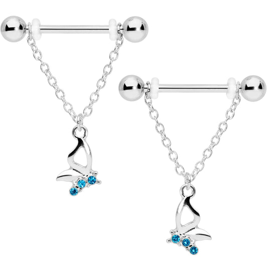 14 Gauge 5/8 Aqua Gem Hollow Butterfly Chain Dangle Nipple Ring Set